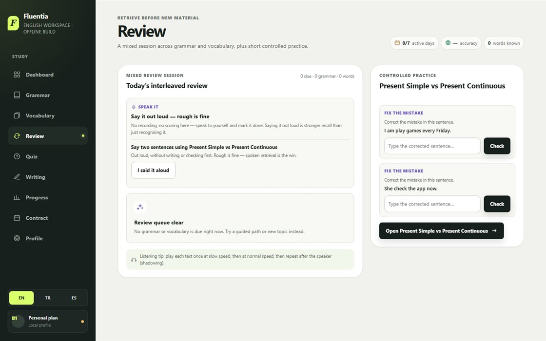 The Lisantera review screen: a mixed retrieval session with a spoken task and typed error-correction practice.